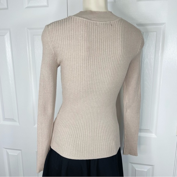 PRIMARK ribbed woven knit long sleeve top neutral color taupe cream XS - Picture 2 of 7